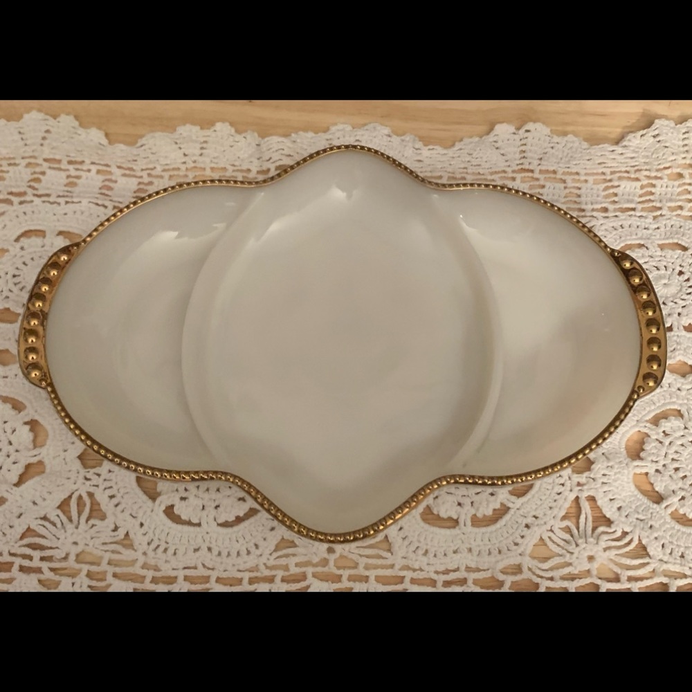 Vintage 1950’s Fire King Milk Glass Divided Serving Tray W/ gold bead de…